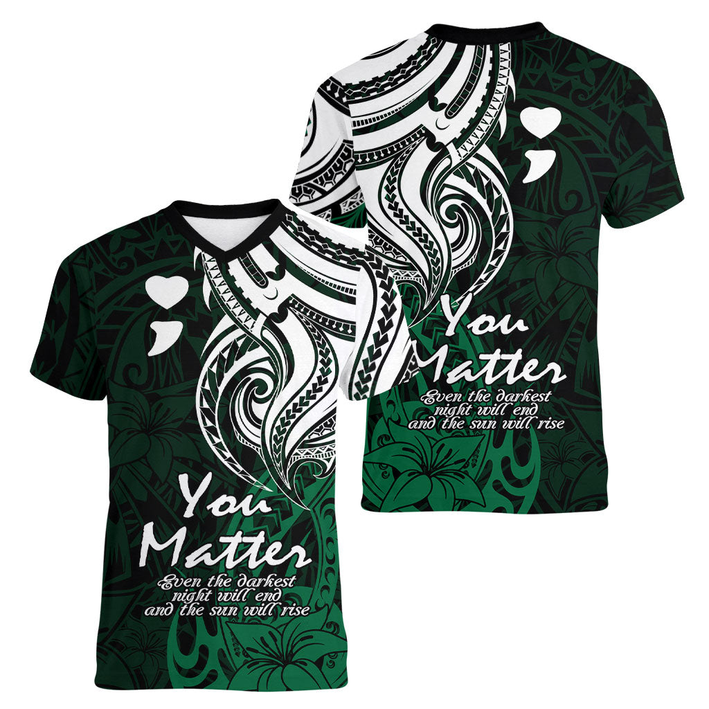 You Matter Suicide Prevention Support Women V-Neck T-Shirt Green Polynesian Tribal