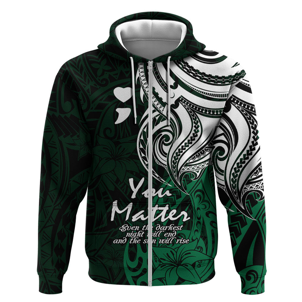 You Matter Suicide Prevention Support Zip Hoodie Green Polynesian Tribal