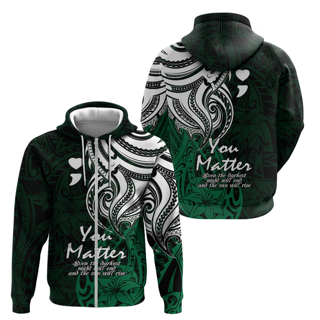 You Matter Suicide Prevention Support Zip Hoodie Green Polynesian Tribal