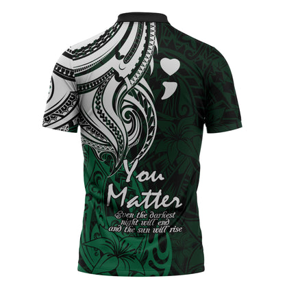 You Matter Suicide Prevention Support Zipper Polo Shirt Green Polynesian Tribal
