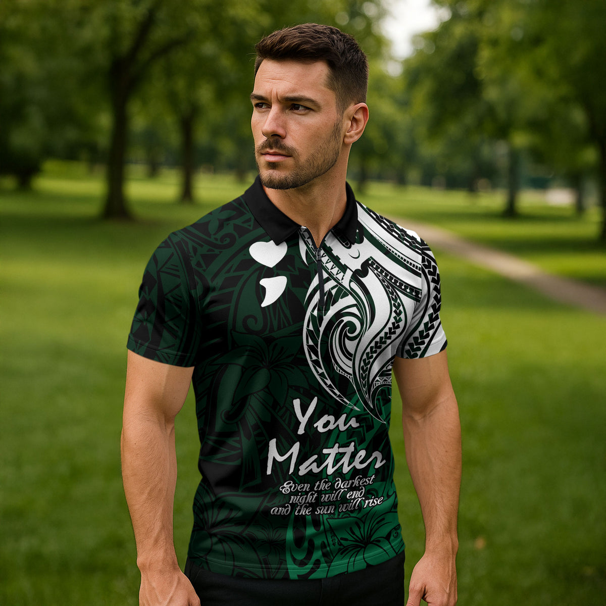 You Matter Suicide Prevention Support Zipper Polo Shirt Green Polynesian Tribal