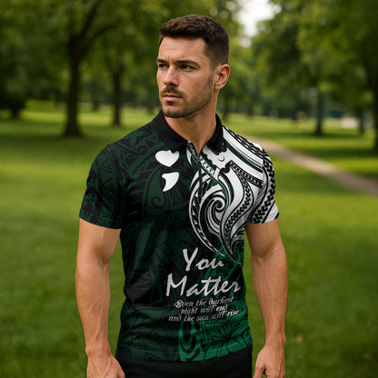 You Matter Suicide Prevention Support Zipper Polo Shirt Green Polynesian Tribal