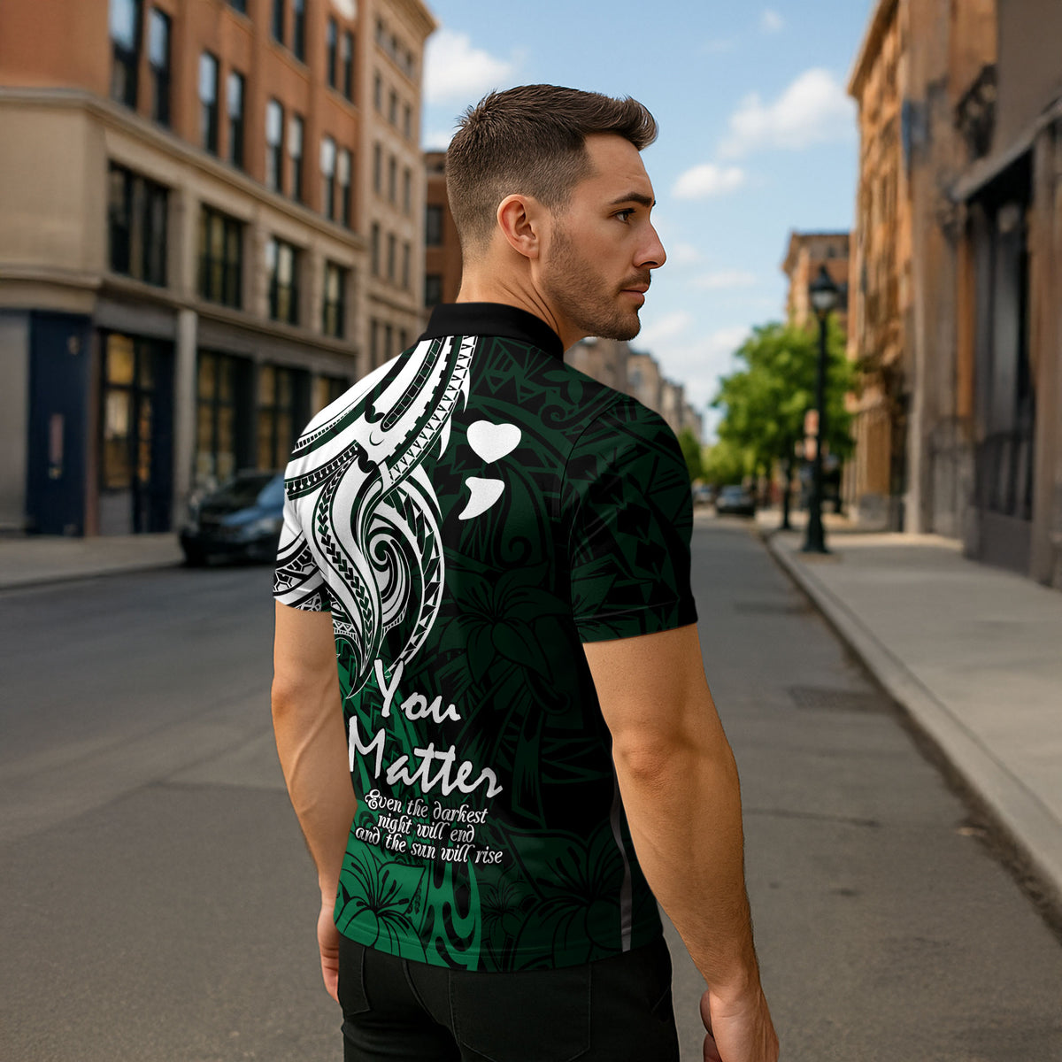You Matter Suicide Prevention Support Zipper Polo Shirt Green Polynesian Tribal