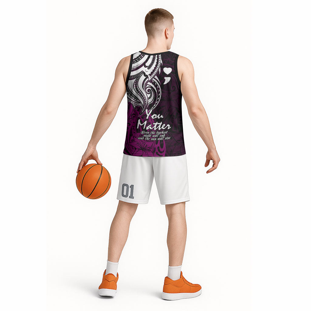 You Matter Suicide Prevention Support Basketball Jersey Pink Polynesian Tribal