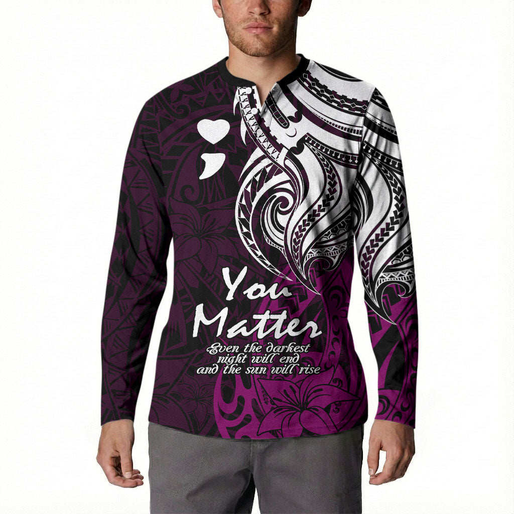 You Matter Suicide Prevention Support Button Sweatshirt Pink Polynesian Tribal