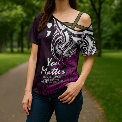 You Matter Suicide Prevention Support Cross Shoulder Shirt Pink Polynesian Tribal