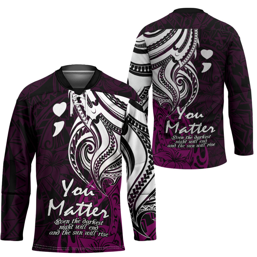 You Matter Suicide Prevention Support Hockey Jersey Pink Polynesian Tribal