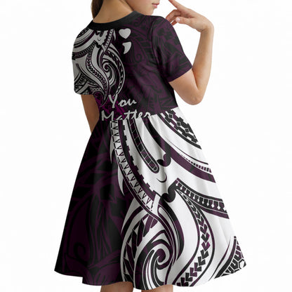 You Matter Suicide Prevention Support Kid Short Sleeve Dress Pink Polynesian Tribal