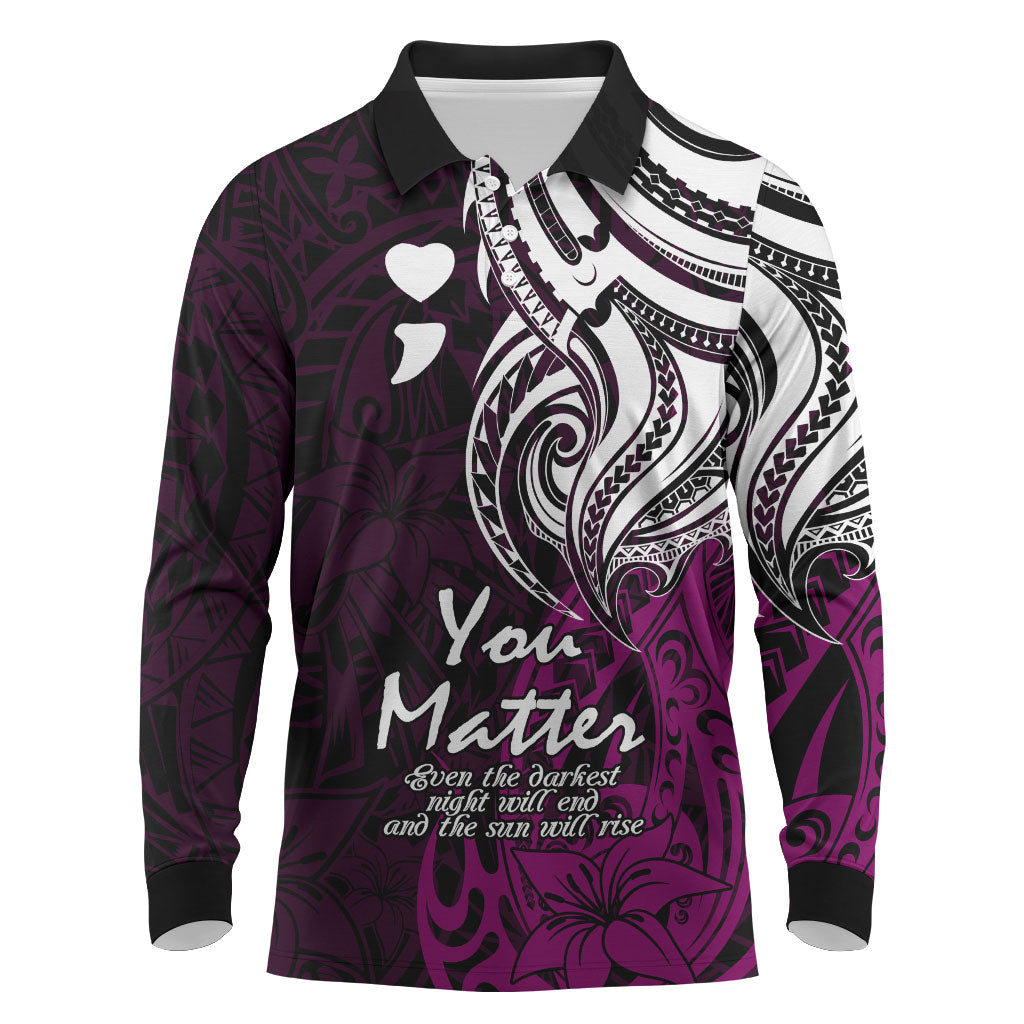 You Matter Suicide Prevention Support Long Sleeve Polo Shirt Pink Polynesian Tribal