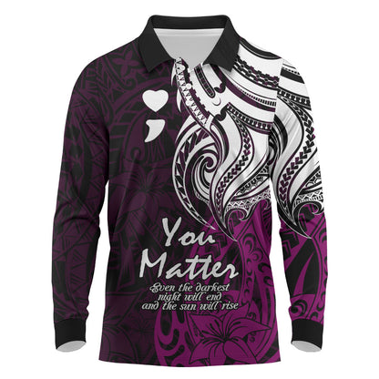 You Matter Suicide Prevention Support Long Sleeve Polo Shirt Pink Polynesian Tribal