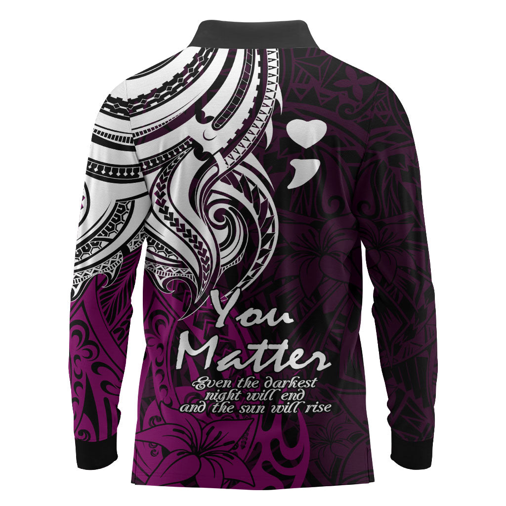 You Matter Suicide Prevention Support Long Sleeve Polo Shirt Pink Polynesian Tribal