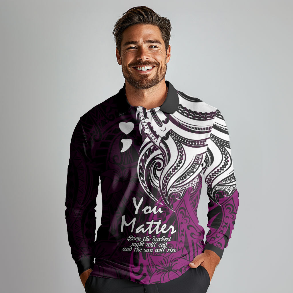 You Matter Suicide Prevention Support Long Sleeve Polo Shirt Pink Polynesian Tribal