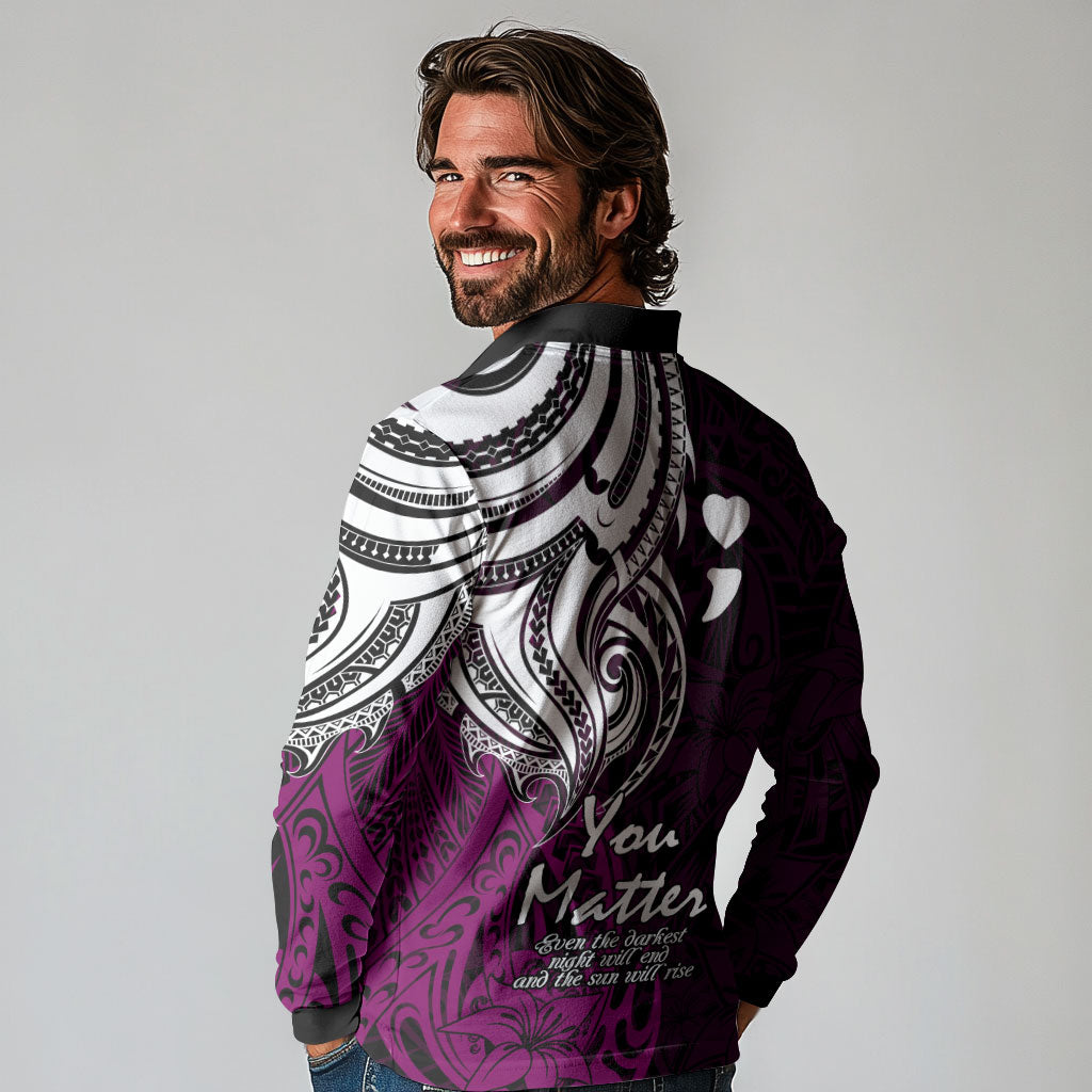 You Matter Suicide Prevention Support Long Sleeve Polo Shirt Pink Polynesian Tribal