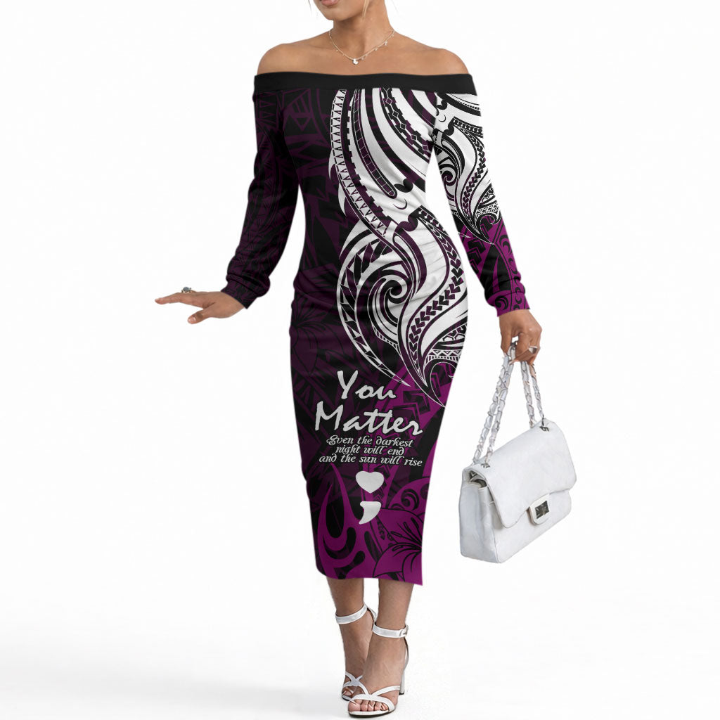 You Matter Suicide Prevention Support Off The Shoulder Long Sleeve Dress Pink Polynesian Tribal