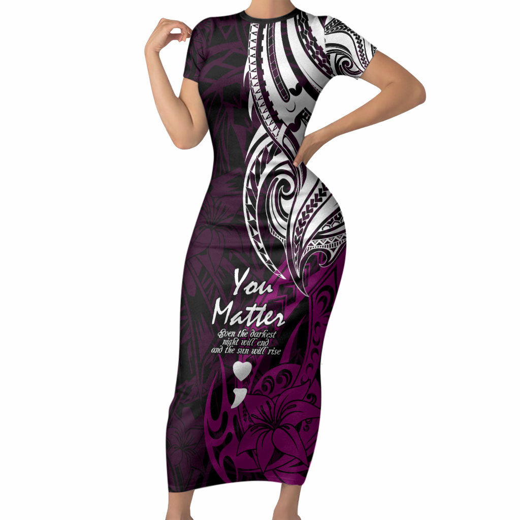 You Matter Suicide Prevention Support Short Sleeve Bodycon Dress Pink Polynesian Tribal