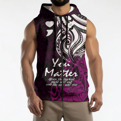 You Matter Suicide Prevention Support Sleeveless Zip Hoodie Pink Polynesian Tribal