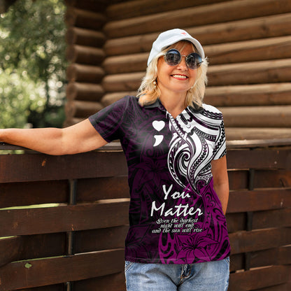 You Matter Suicide Prevention Support Women Polo Shirt Pink Polynesian Tribal