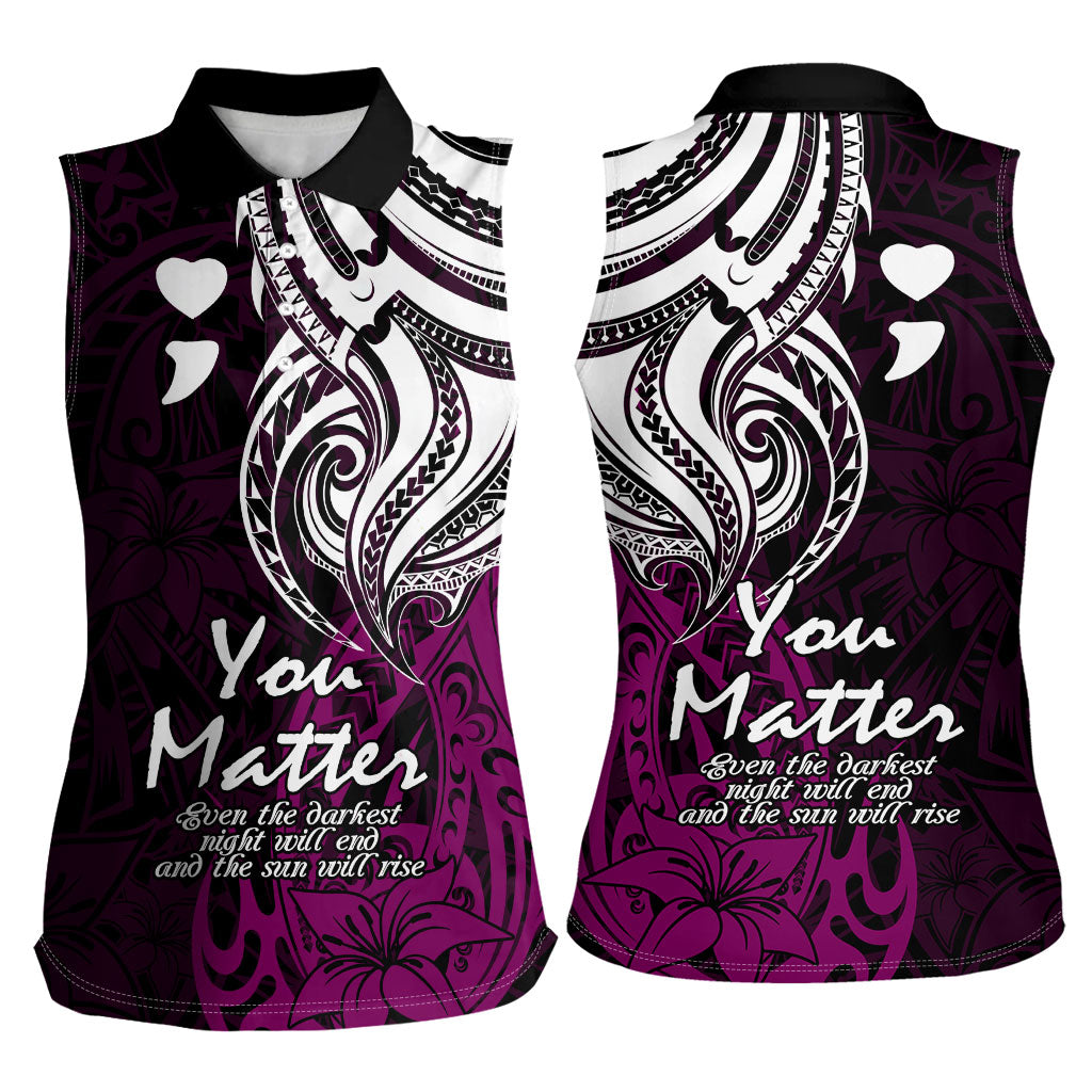 You Matter Suicide Prevention Support Women Sleeveless Polo Shirt Pink Polynesian Tribal