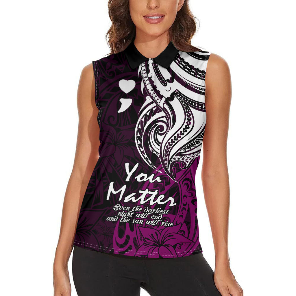 You Matter Suicide Prevention Support Women Sleeveless Polo Shirt Pink Polynesian Tribal