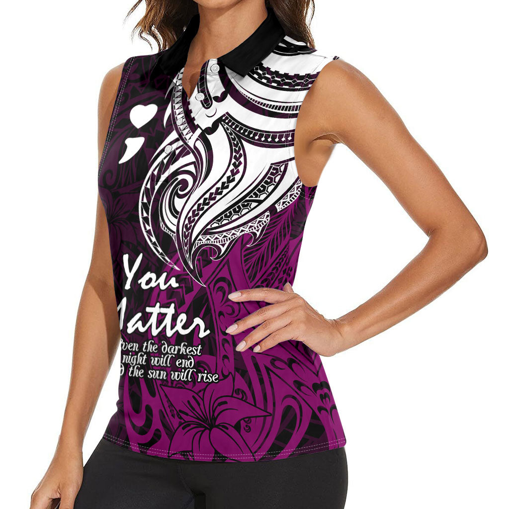 You Matter Suicide Prevention Support Women Sleeveless Polo Shirt Pink Polynesian Tribal