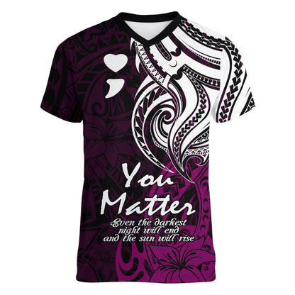 You Matter Suicide Prevention Support Women V-Neck T-Shirt Pink Polynesian Tribal