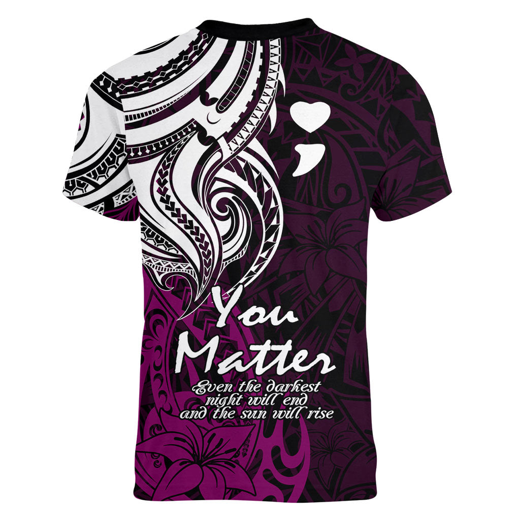You Matter Suicide Prevention Support Women V-Neck T-Shirt Pink Polynesian Tribal
