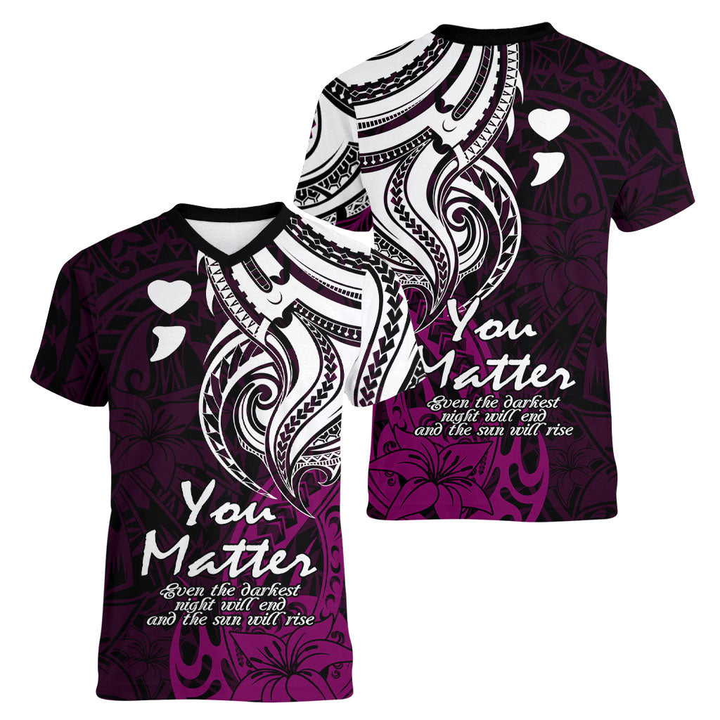 You Matter Suicide Prevention Support Women V-Neck T-Shirt Pink Polynesian Tribal