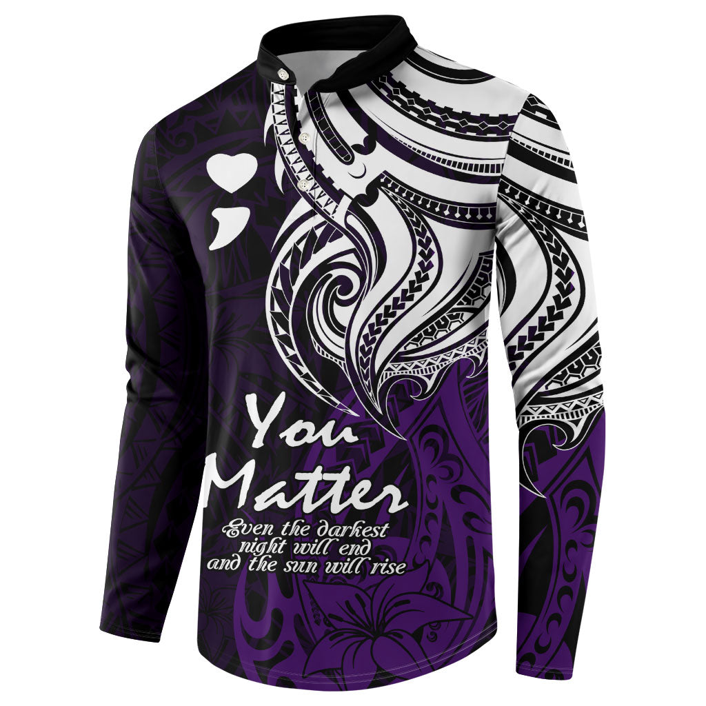 You Matter Suicide Prevention Support Button Sweatshirt Purple Polynesian Tribal