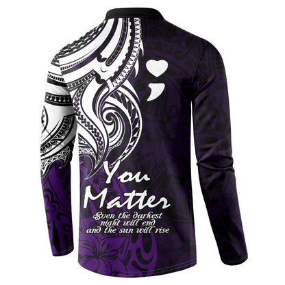 You Matter Suicide Prevention Support Button Sweatshirt Purple Polynesian Tribal
