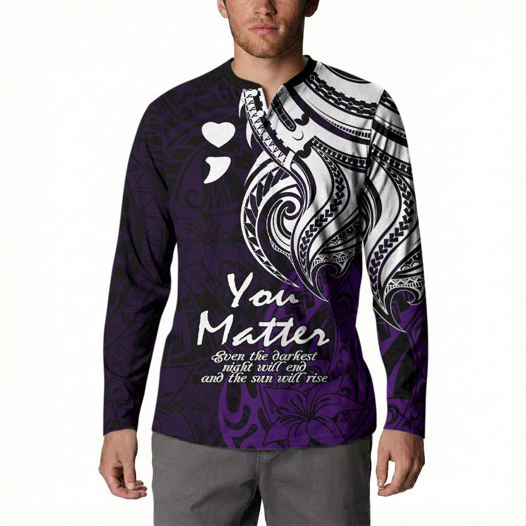 You Matter Suicide Prevention Support Button Sweatshirt Purple Polynesian Tribal