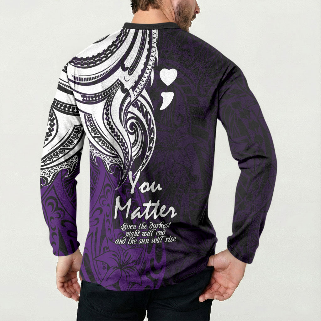 You Matter Suicide Prevention Support Button Sweatshirt Purple Polynesian Tribal