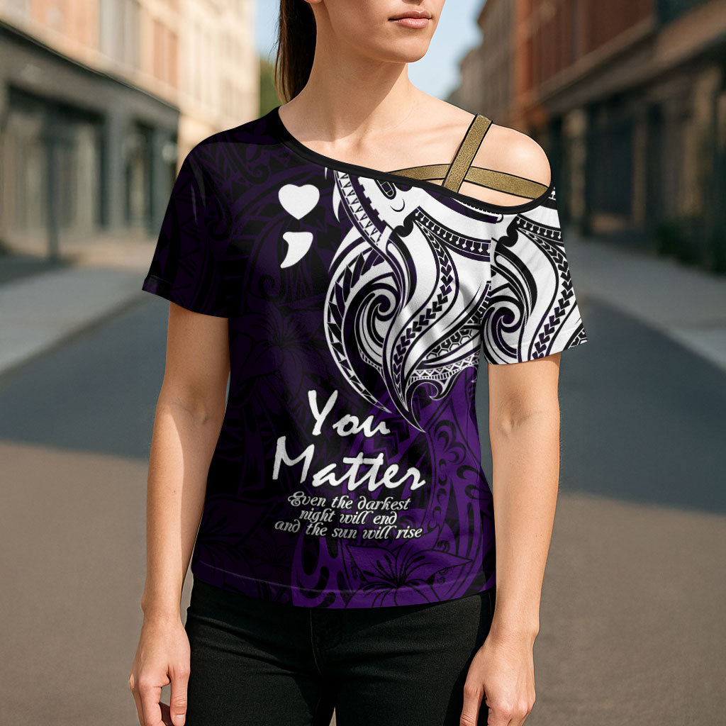 You Matter Suicide Prevention Support Cross Shoulder Shirt Purple Polynesian Tribal