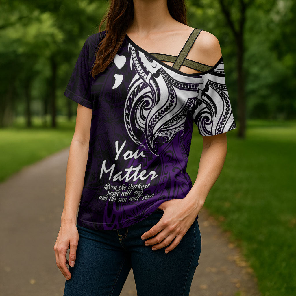 You Matter Suicide Prevention Support Cross Shoulder Shirt Purple Polynesian Tribal