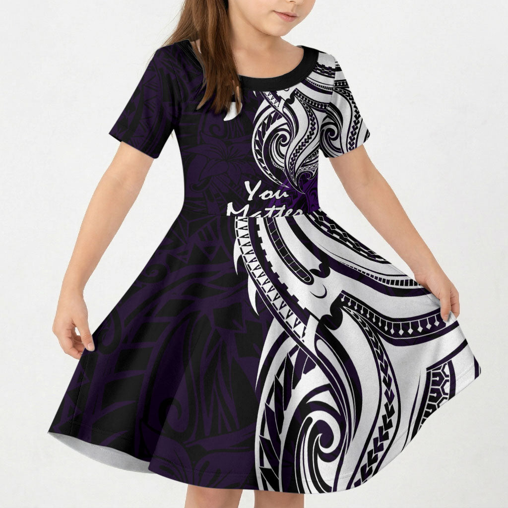 You Matter Suicide Prevention Support Kid Short Sleeve Dress Purple Polynesian Tribal