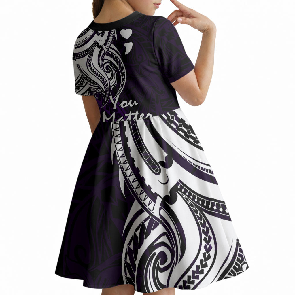 You Matter Suicide Prevention Support Kid Short Sleeve Dress Purple Polynesian Tribal