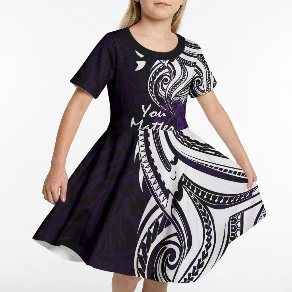 You Matter Suicide Prevention Support Kid Short Sleeve Dress Purple Polynesian Tribal