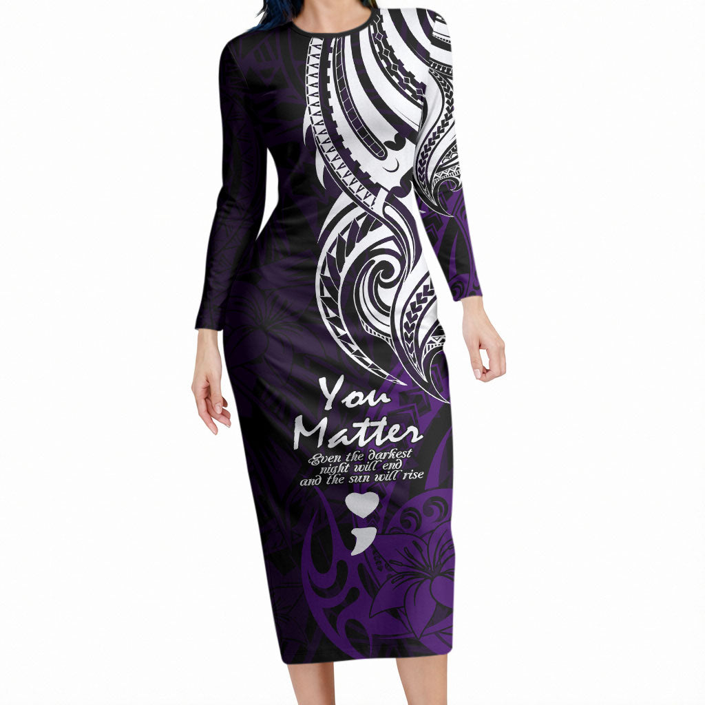 You Matter Suicide Prevention Support Long Sleeve Bodycon Dress Purple Polynesian Tribal