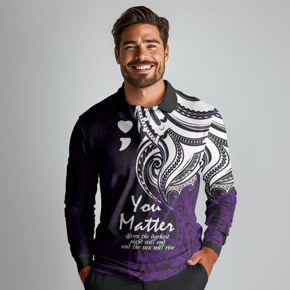 You Matter Suicide Prevention Support Long Sleeve Polo Shirt Purple Polynesian Tribal