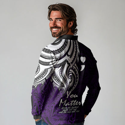 You Matter Suicide Prevention Support Long Sleeve Polo Shirt Purple Polynesian Tribal