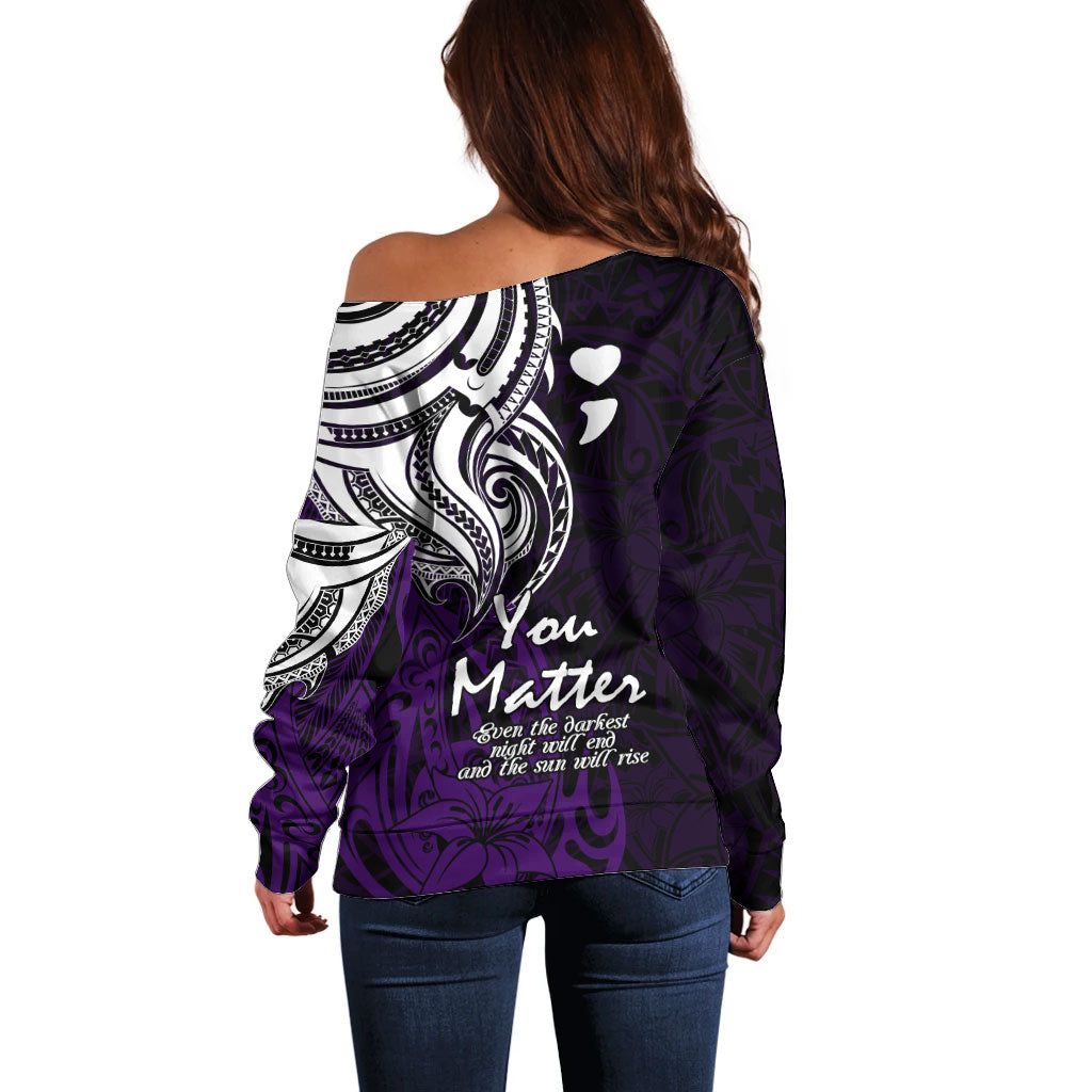 You Matter Suicide Prevention Support Off Shoulder Sweater Purple Polynesian Tribal