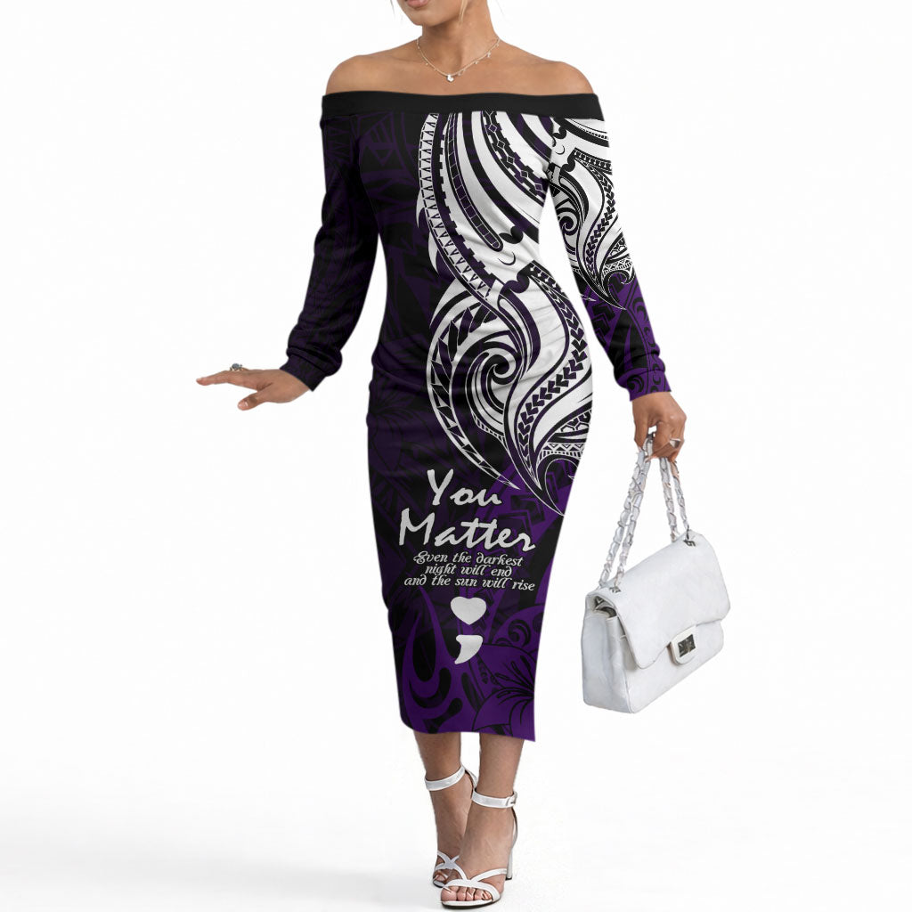 You Matter Suicide Prevention Support Off The Shoulder Long Sleeve Dress Purple Polynesian Tribal