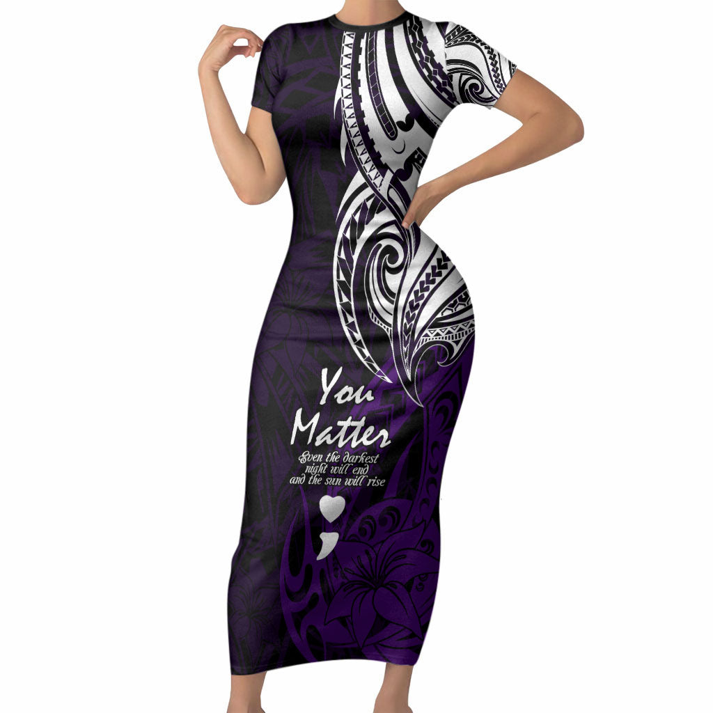 You Matter Suicide Prevention Support Short Sleeve Bodycon Dress Purple Polynesian Tribal
