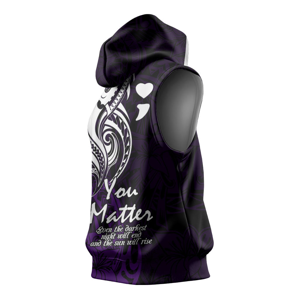 You Matter Suicide Prevention Support Sleeveless Hoodie Purple Polynesian Tribal