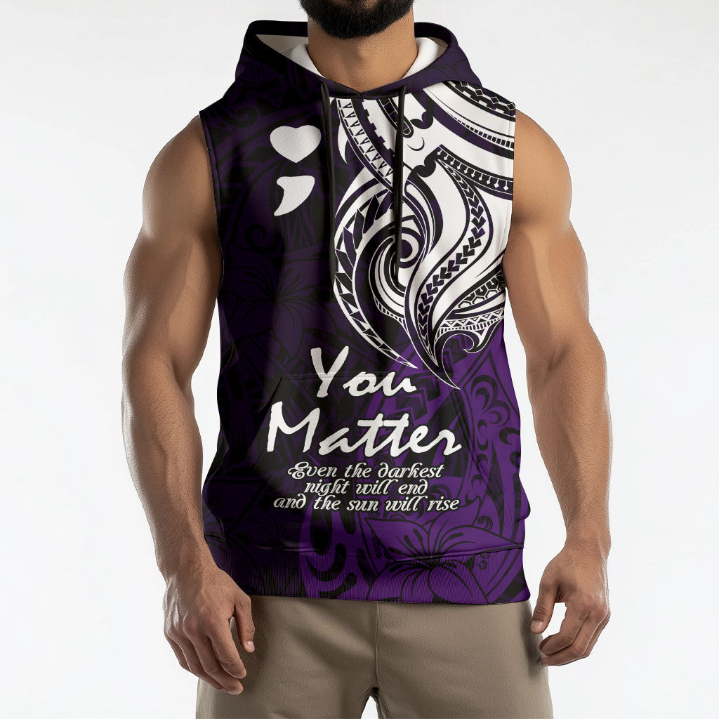 You Matter Suicide Prevention Support Sleeveless Hoodie Purple Polynesian Tribal