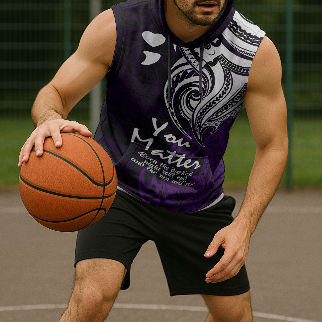 You Matter Suicide Prevention Support Sleeveless Hoodie Purple Polynesian Tribal