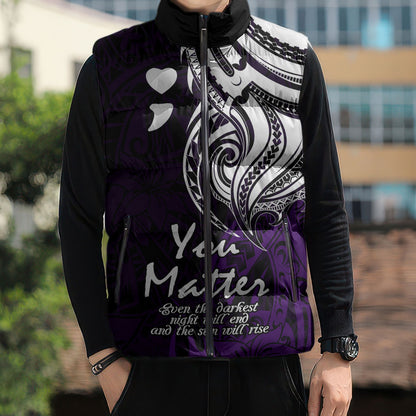 You Matter Suicide Prevention Support Sleeveless Puffer Jacket Purple Polynesian Tribal
