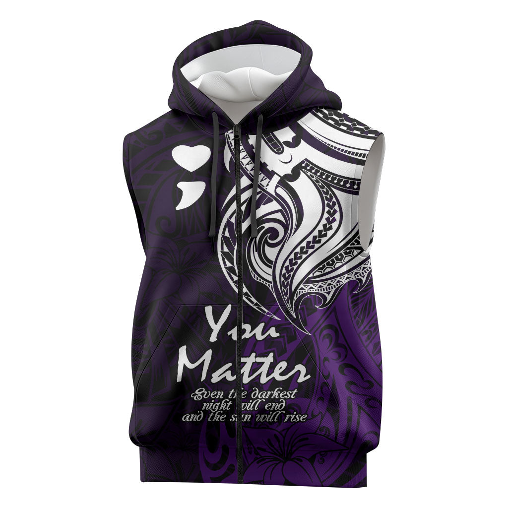 You Matter Suicide Prevention Support Sleeveless Zip Hoodie Purple Polynesian Tribal