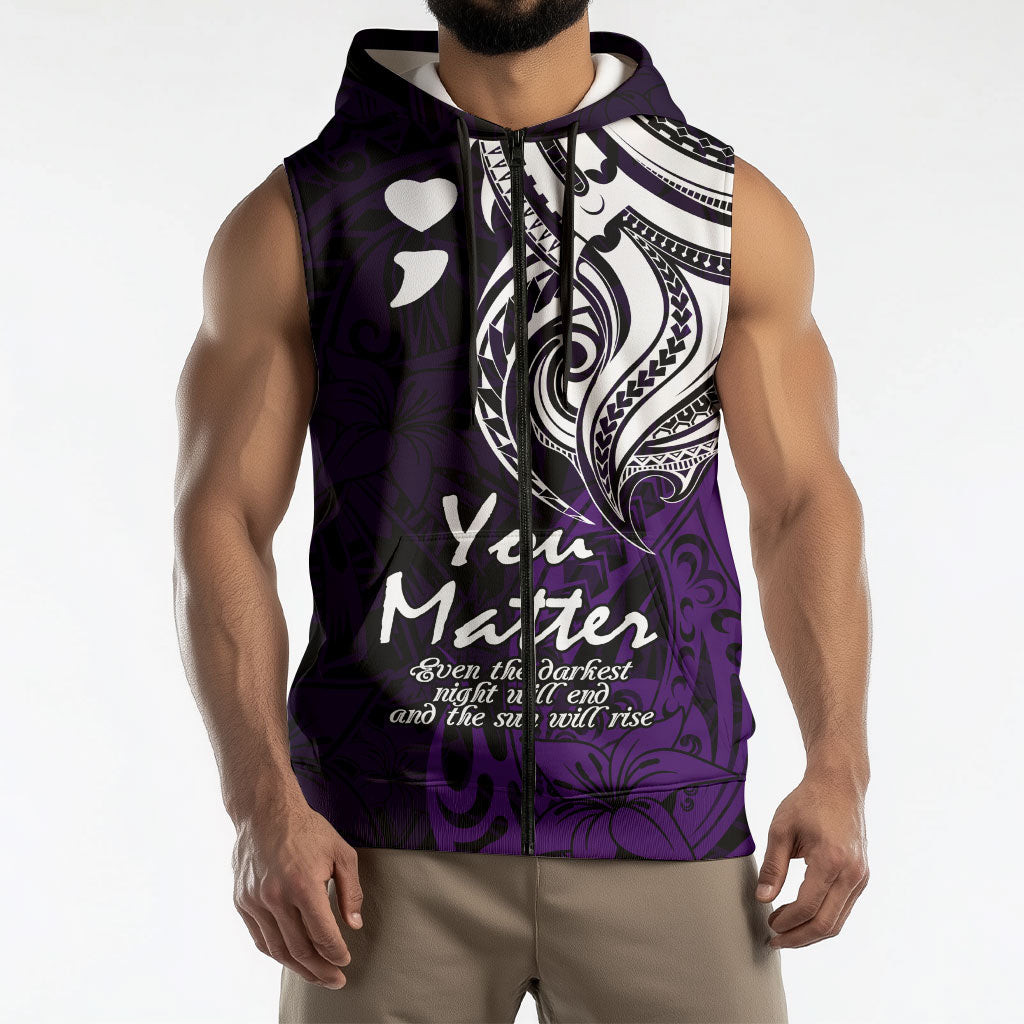 You Matter Suicide Prevention Support Sleeveless Zip Hoodie Purple Polynesian Tribal