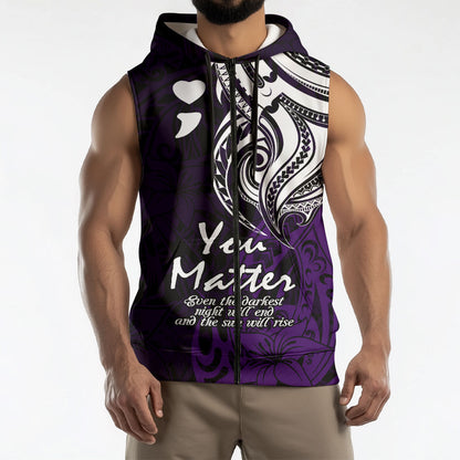 You Matter Suicide Prevention Support Sleeveless Zip Hoodie Purple Polynesian Tribal