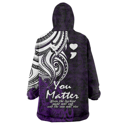 You Matter Suicide Prevention Support Wearable Blanket Hoodie Purple Polynesian Tribal